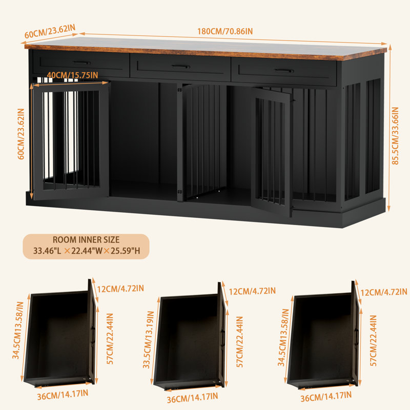 70.9" Large Dog Crate Furniture with 3 drawers and Divider, Heavy Duty Dog Kennel Furniture For 2 Large Dogs, 70.86"X23.6"X33.66"H