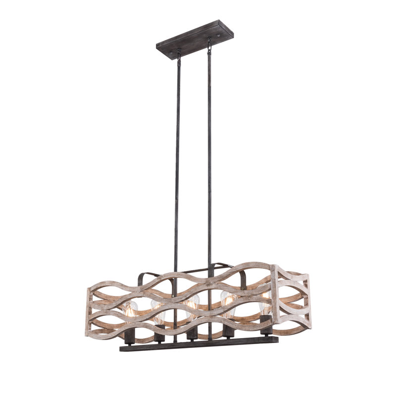 Luminaire suspendu linéaire en bois à 5 lumières pour îlot de cuisine Patmos, Noir, Bois patiné