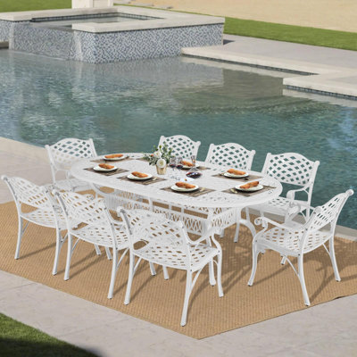 9-piece Outdoor Dining Set, All-weather Cast Aluminum Retro Patio Dining Set, Include 8 Chairs And An Oval Table With Umbrella Hole For B by Wildon Home