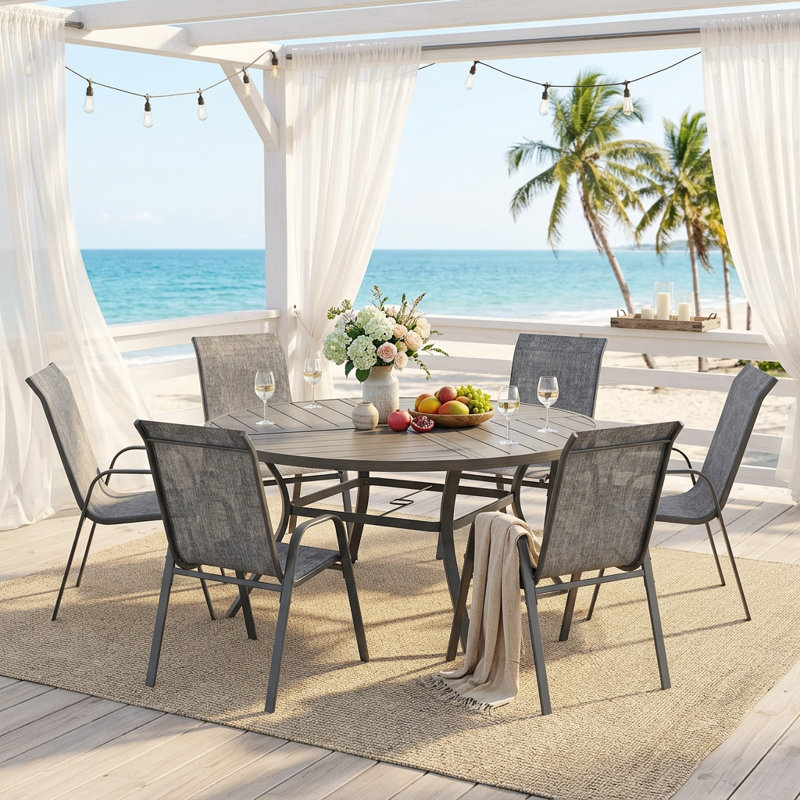 Ensemble de salle à manger de patio rond 6 personnes Edison avec chaises empilables Textilene, Bois brossé gris / gris