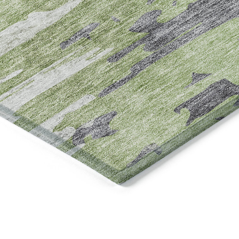 Tapis extérieur lavable abstrait vert et argent 8 pi x 10 pi