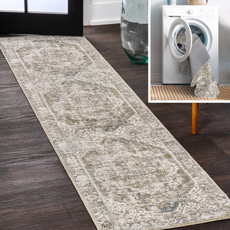 Keesha Bold Distressed Medallion Low-Pile Machine-Washable Green/Cream Rug, Runner 2' x 7'10"