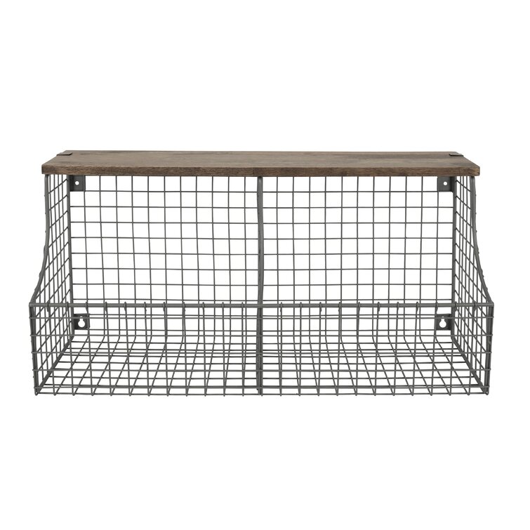 Thalha Wall Mounted Storage Rack with Upper Shelf, Wire Baskets, and Hooks 17 Stories Color: Rustic Brown