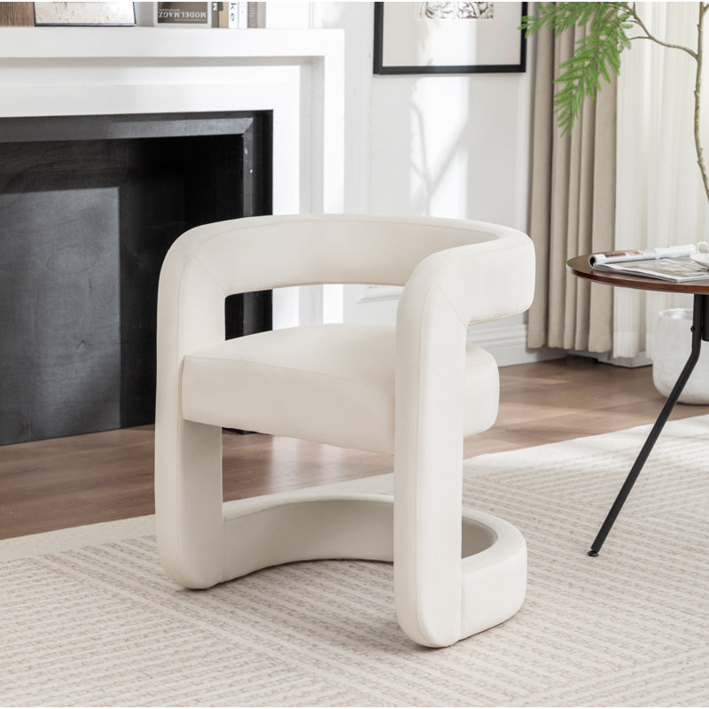 Modern Upholstered Barrel Chair, Beige Velvet