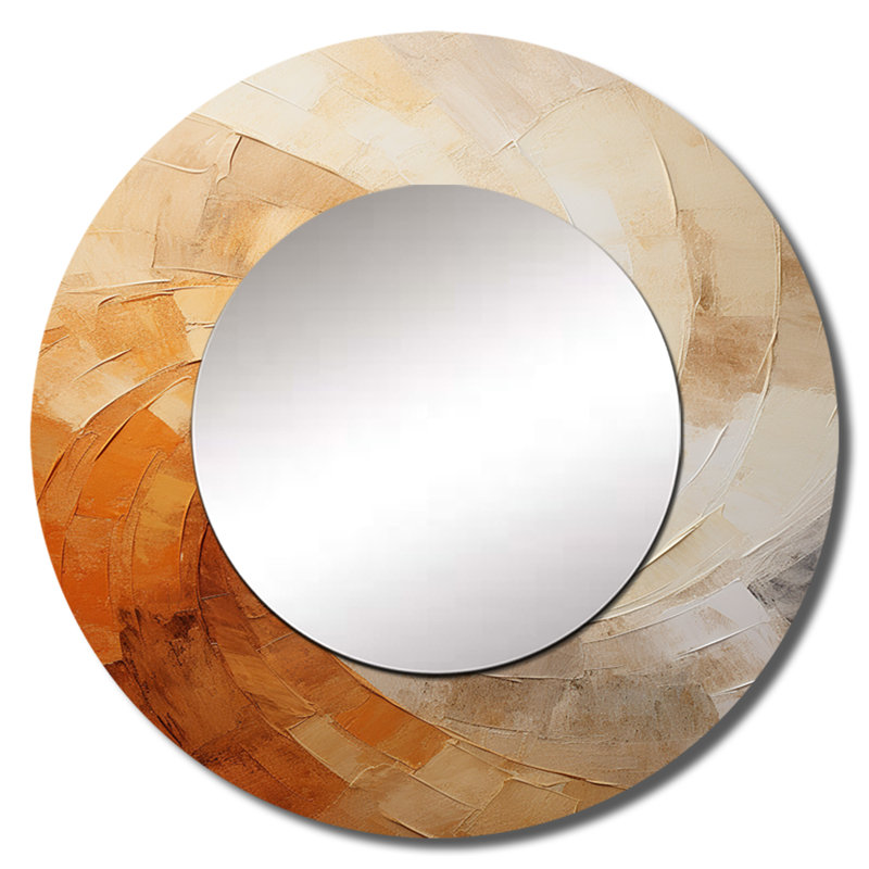 Beige Minimalism Spiral Poteries II - Abstract Spirals Decorative Wall Mirror, Beige Large Round Mirror, Printed Metal Art