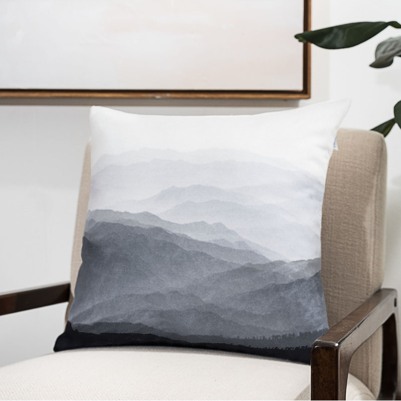 16" x 16" Black and White Polyester Mountain Print Throw Pillow