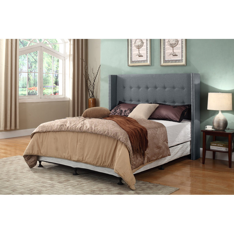 Bernardino Upholstered Linen Wingback Headboard, Gray