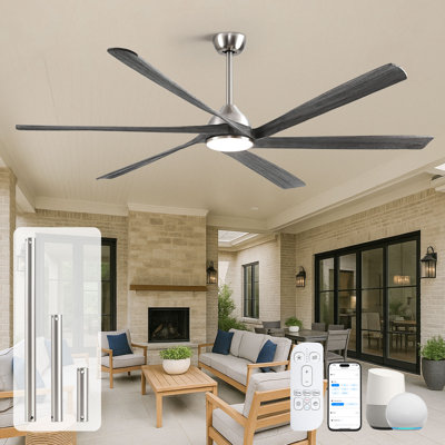 Ventilateur de plafond intelligent moderne de 60 po / 72 po avec pales en bois massif, lumière à DEL à intensité variable et télécommande, moteur à courant continu réversible pour grandes pièces et patios intérieurs, fonctionne avec Alexa et Google Home