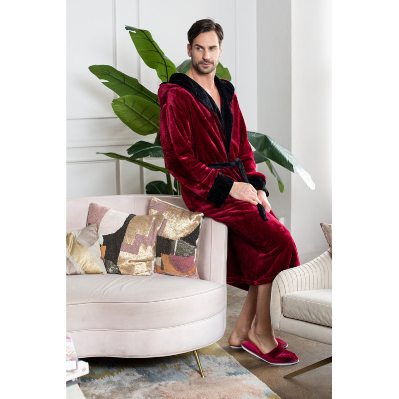 LOTUS LINEN - Peignoir moelleux à capuche, P / M, Bordeau/noir