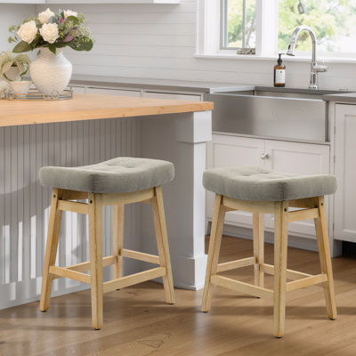 24" Solid Wood Gray Saddle Bar Stools Ideal for Kitchen Island and Counter
