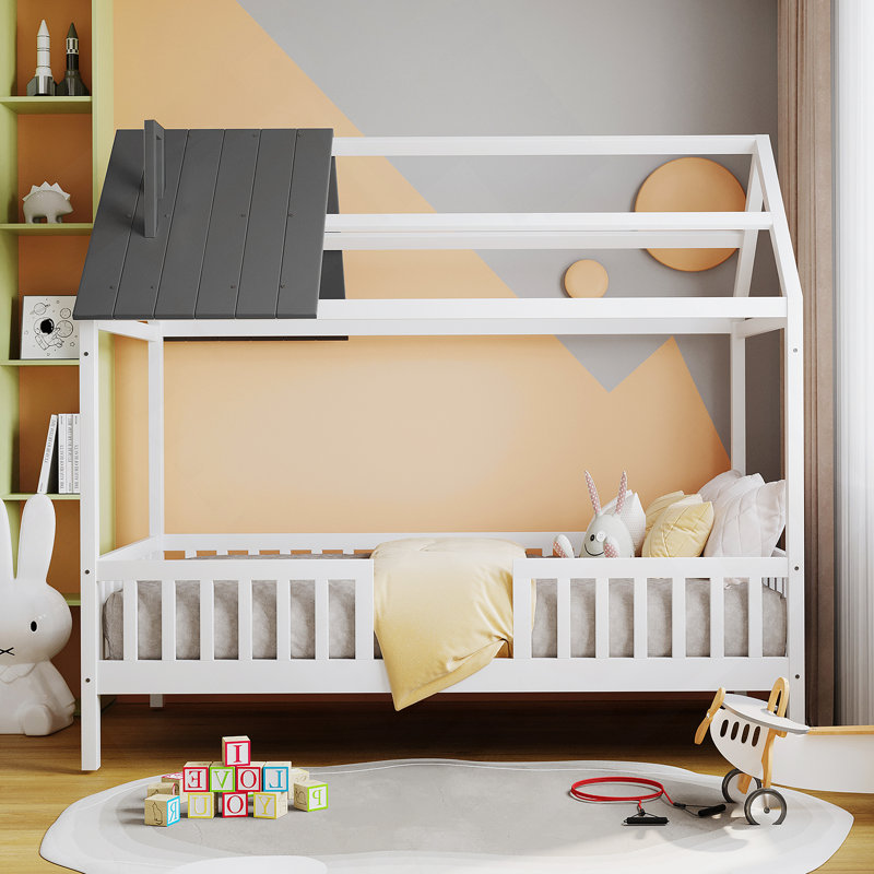 Lit simple en bois avec clôture, blanc et gris, Blanc / Gris