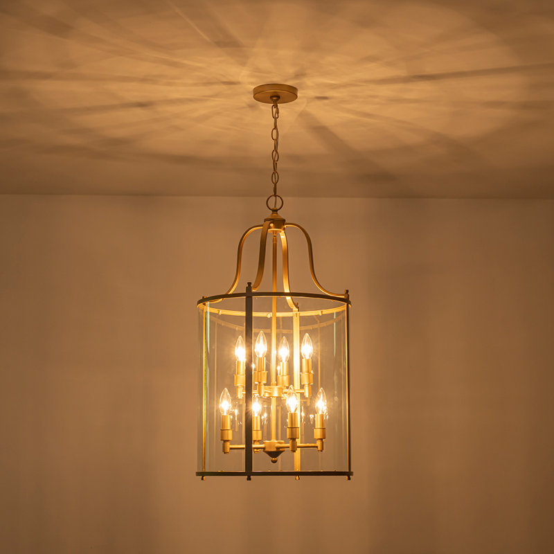 Classical / Traditional 8 - Light Clear Glass Lantern Style Cylinder Pendant, Gold
