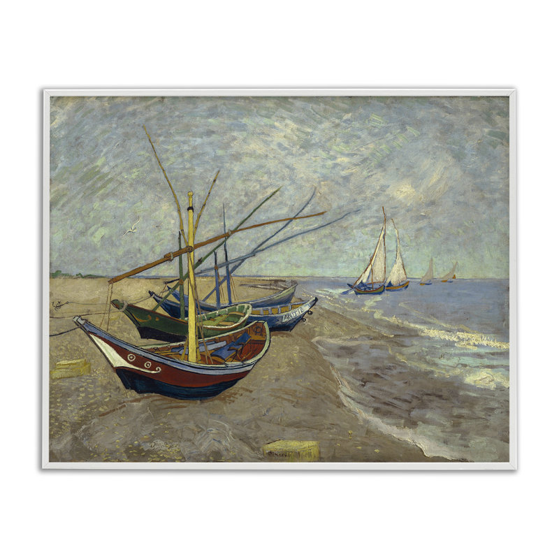 Classic Fishing Boats on Beach Giclee Art by one1000paintings, 11" H x 14" W, Coastal White Framed Giclee