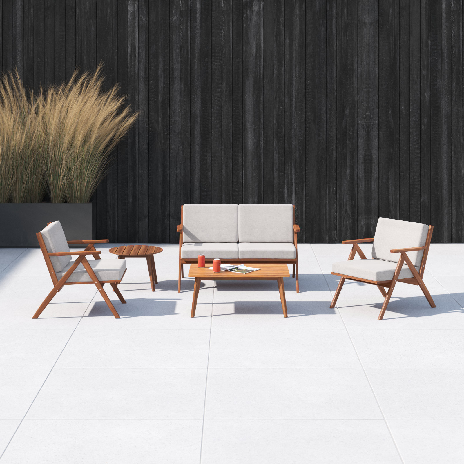 Jose 5 Piece Sofa Seating Group with Cushions, Light Gray, Natural