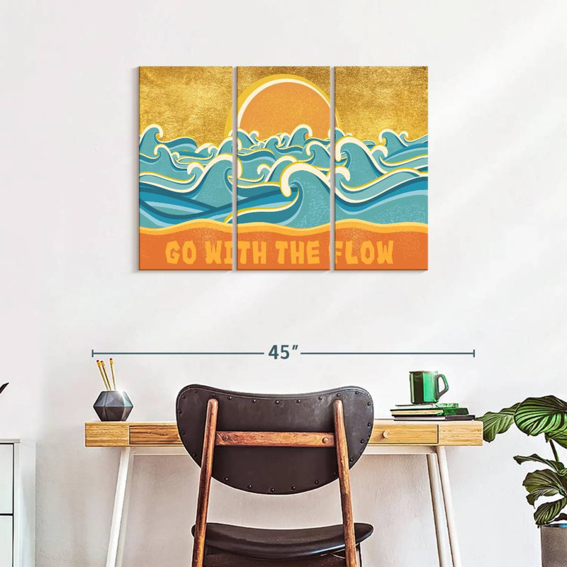 Ensemble de 3 pièces Go With The Flow, typographie sur toile par Retro Revival, H 24 po x l 38 po x P 1,25 po