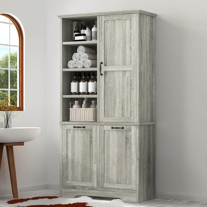 Armoire de rangement multifonctionnelle pour salle de bain avec tablettes réglables et paniers à linge?, Noyer