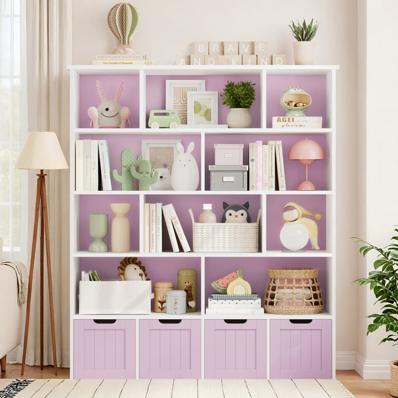 57.5"H 5-Tier Cube Storage Bookcase, Standard Bookcase with 4 Removable Drawers, Lavender Pink/White