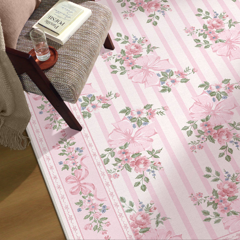Bloomere Floral Machine Washable Blush Bow Indoor Area Rug With Non-Slip Backing, Rectangle 5' x 7'
