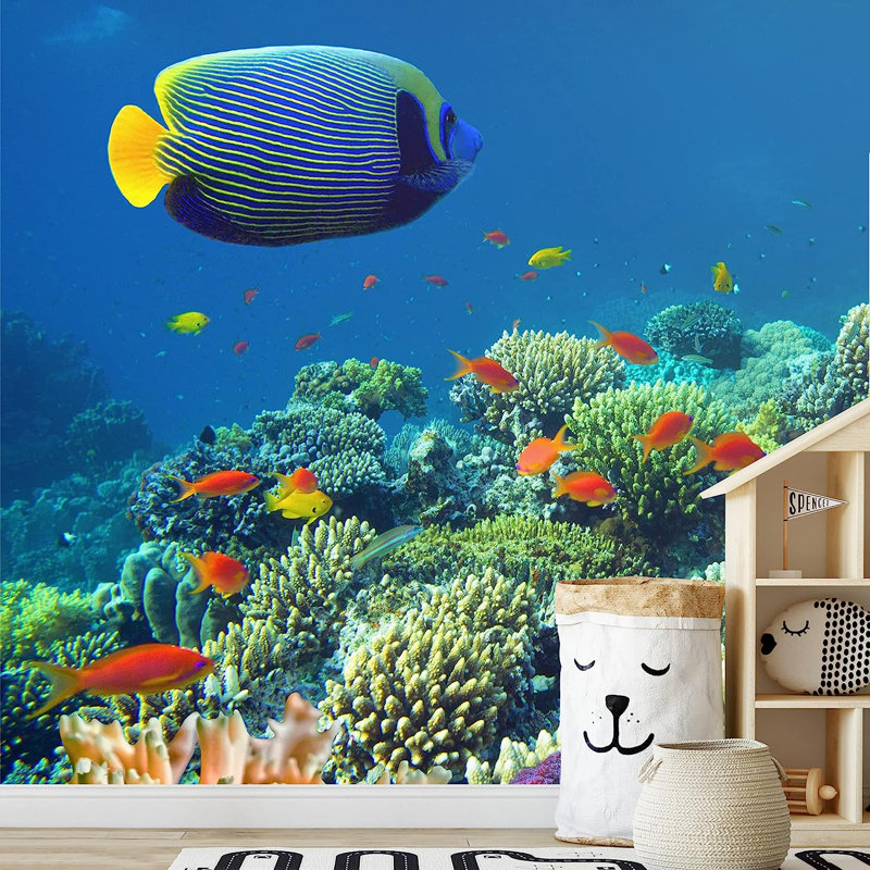 Adhésif mural tropical tropical bleu hippopotame, L 66 po x l 96 po