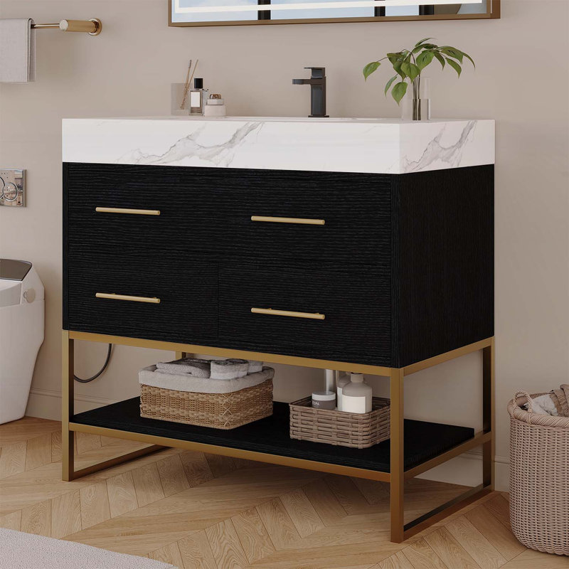Meuble-lavabo de 36 pouces en pierre artificielle avec lavabo en céramique, tiroirs à fermeture en douceur, tablettes ouvertes et pieds en acier inoxydable pour les salles de bain modernes