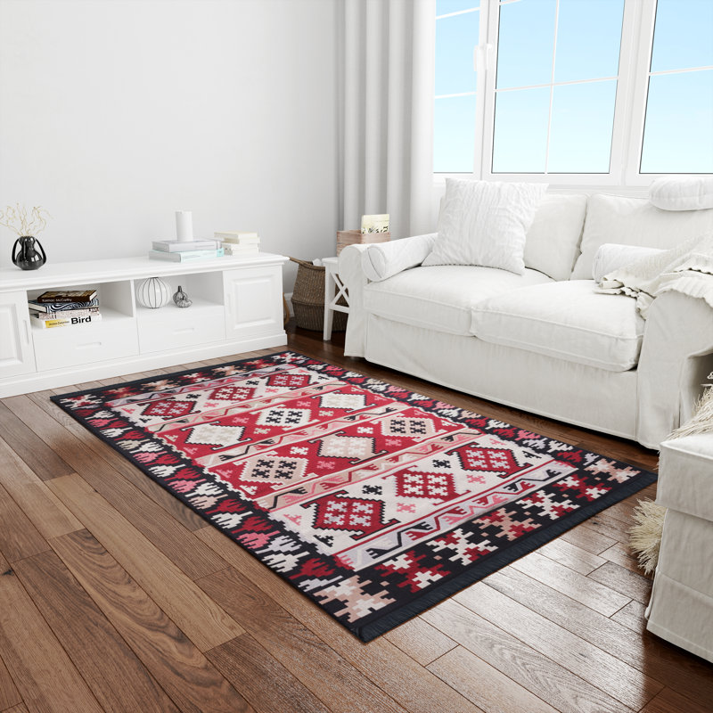 Tapis Bigghome, motifs turcs traditionnels réversibles 3 x 5 lavables à la machine - rouge, Rectangulaire 3 pi x 5 pi