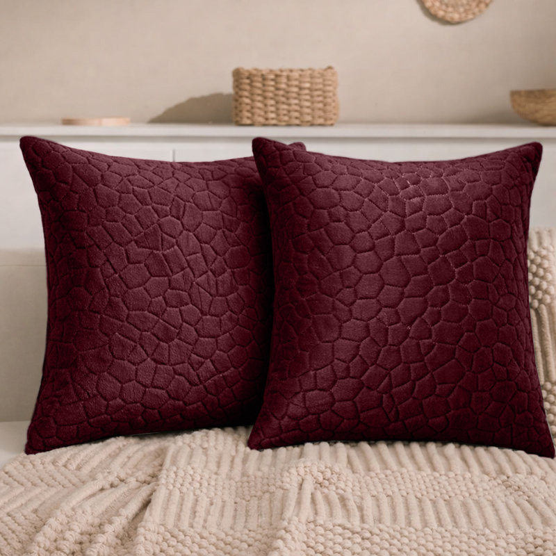 Aspire Homeware Geometric Square Velvet Cushion Covers, Burgundy, Pack of 2