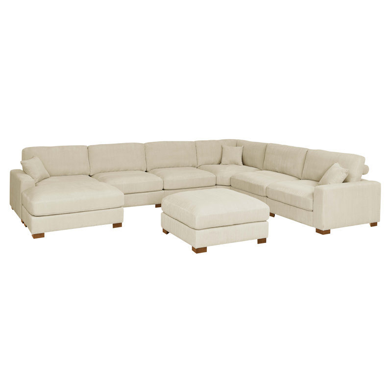 7-Pieces Modular Sofa Bed, Cream Corduroy, 34.00" H x 159.50" W x 123.50" D