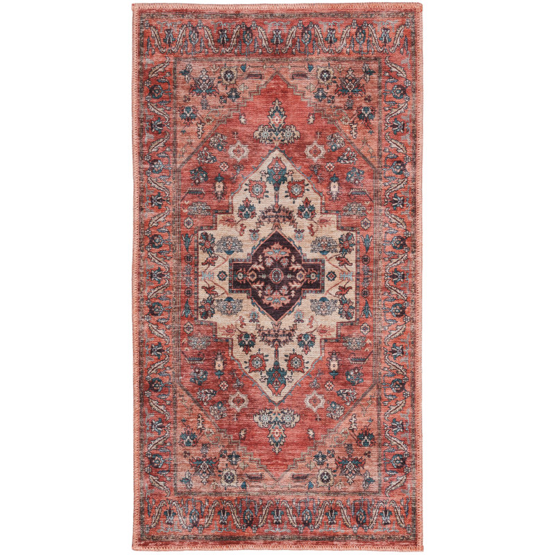Oriental Machine Woven Machine Washable Polyester Area Rug in Red/Black, Rectangle 2' x 3'9"