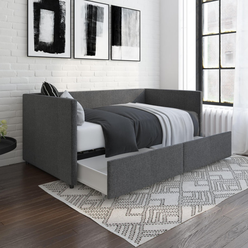 Dmitry Upholstered Daybed with Drawers, Gray, Twin