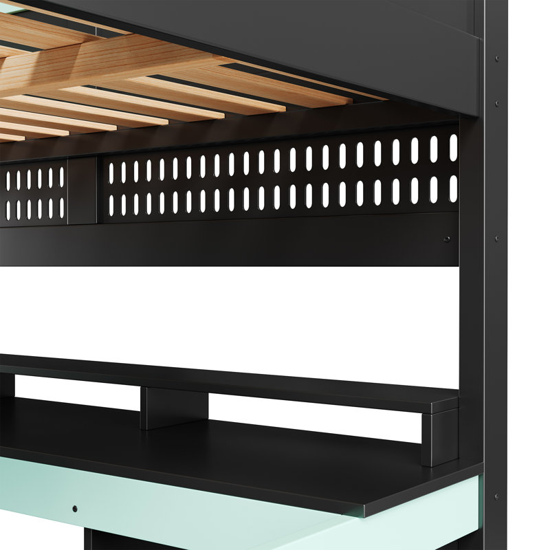 Lit mezzanine avec lumières DEL multicolores et bureau de jeu intégré, Black+Blue