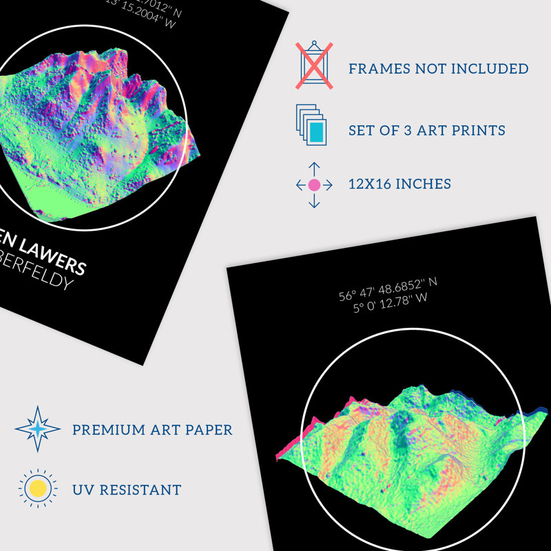 Neon Scottish Hill And Mountain Maps Ben Lawers Aberfeldy - 3 Piece No Frame Print Set, 40.5cm H x 30.5cm W x 0.3cm D