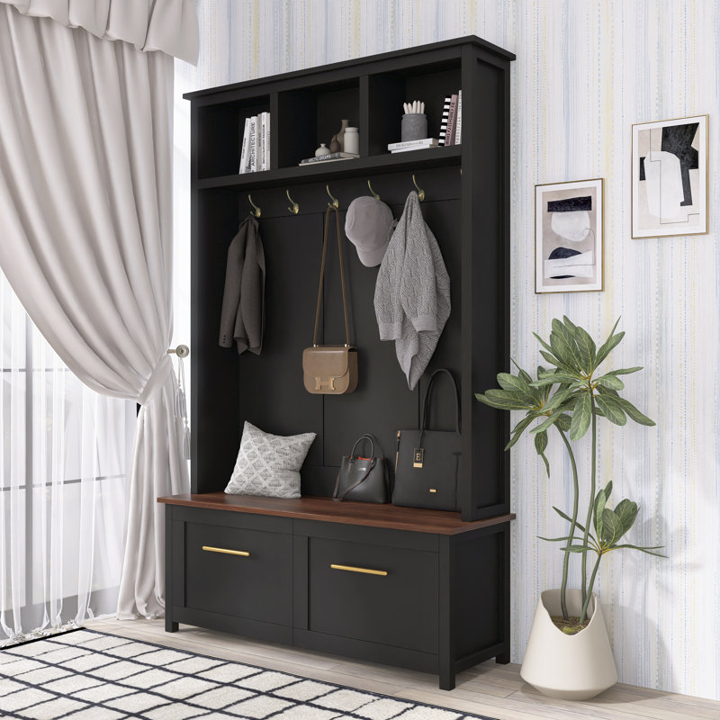 Versatile 4-In-1 Hall Tree With 6 Golden Hooks, Black