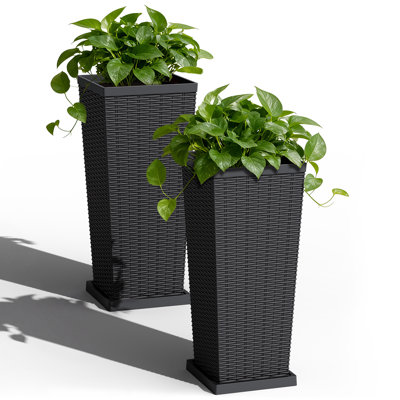 Tall Faux Wicker Planters With Drainage Hole & Tray, 29”H Resin Plant Pots For Indoor Outdoor Garden Decor