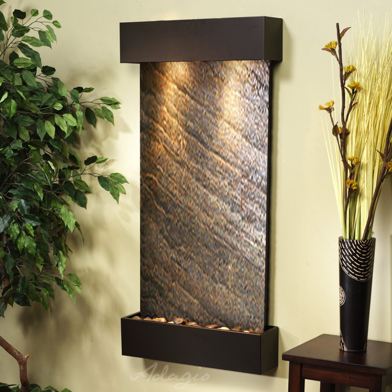 Fontaine murale en acrylique avec lumière Henn, Plume verte, Bronze antique