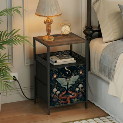 Table de chevet 2 tiroirs avec station de charge, table de chevet de chambre à coucher avec ports USB et prises de courant Tablette ouverte noire, table de chevet avec éléments de forêt magiques