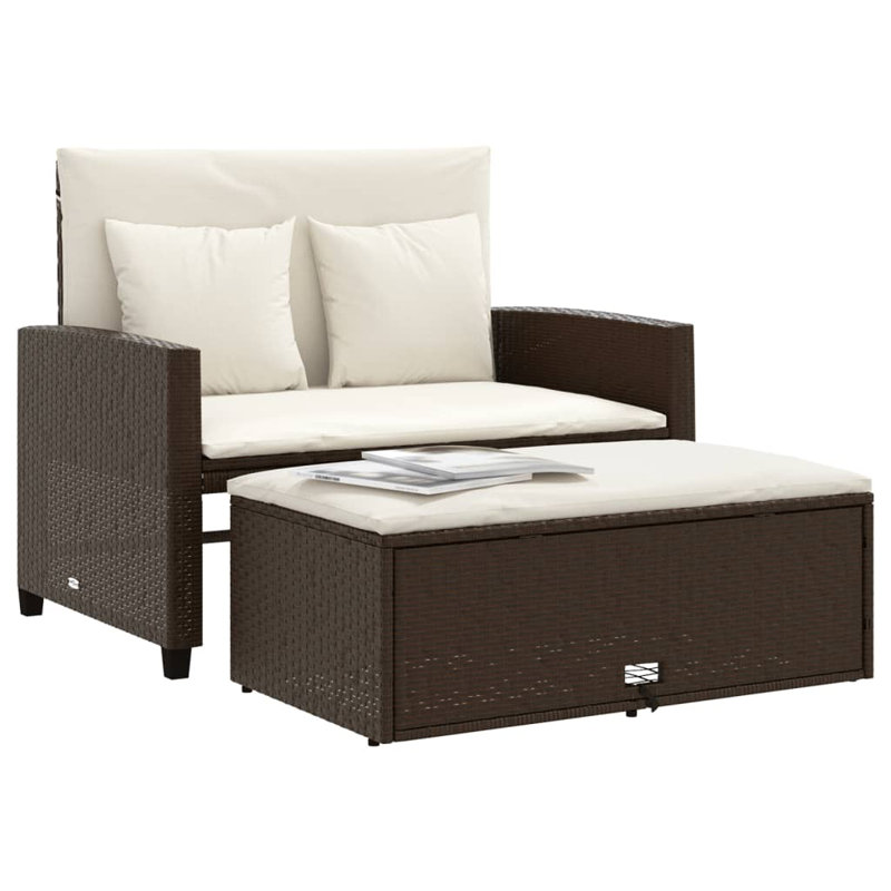 Ebern Designs Patio Sofa With Cushions 2-Seater Poly Rattan, Cream White, Brown