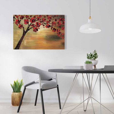 Red Flowers Tree - Landscapes Brown Canvas for Home Decor