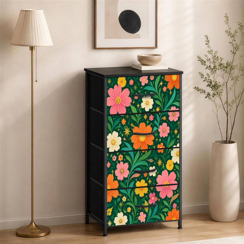Commode à 4 tiroirs pour chambre à coucher colorée avec fleurs vibrantes et feuilles vertes Boho