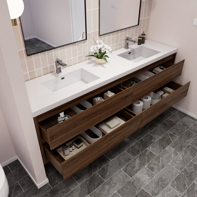 Azden 84" Wall-Mounted Double Bathroom Vanity Set, Rosewood