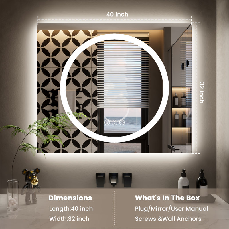 LED Bathroom Mirror with Frontlit and Backlit, 40" x 32"