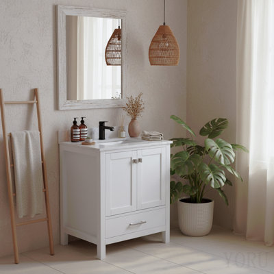 Meuble-lavabo de 30 po avec cadre en bois massif et comptoir de meuble-lavabo autoportant avec lavabo blanc