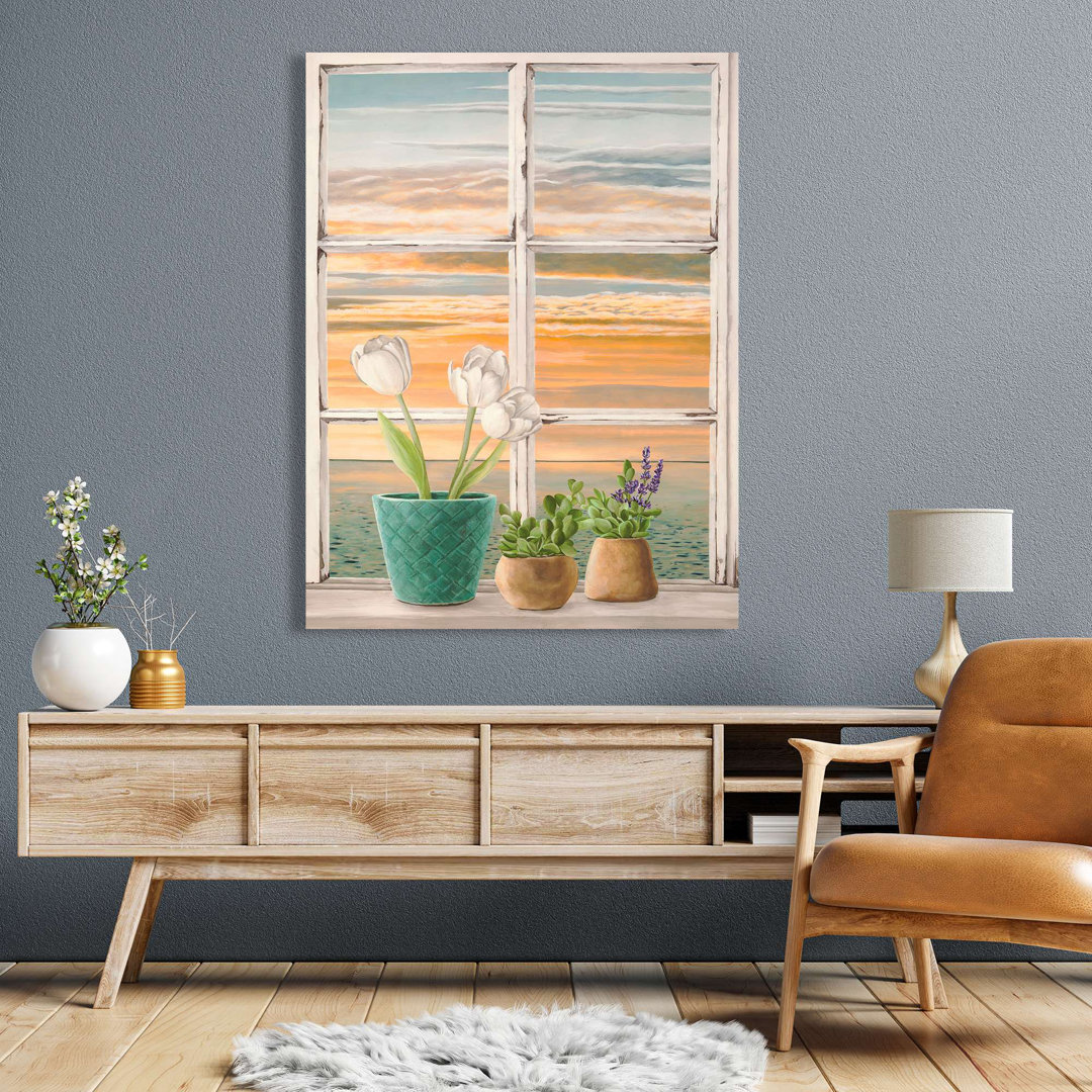 Fenster mit Aussicht: Sonnenuntergang am Meer I von Remy Dellal - Kunstdrucke auf Leinwand