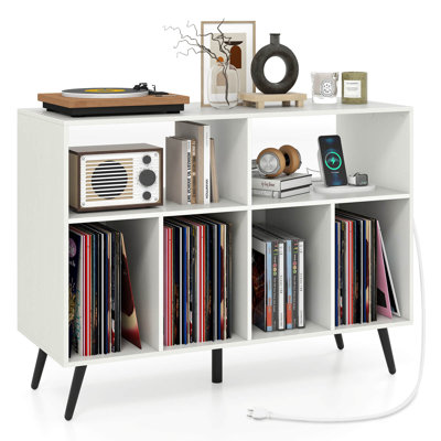 Large Record Player Stand Cabinet With Built-in Power Outlet Open Shelves