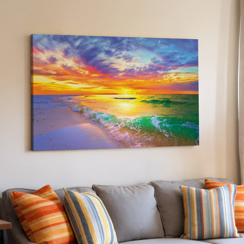 Impression sur toile colorée, coucher de soleil, océan, vagues, paysage marin, 20 x 20 in