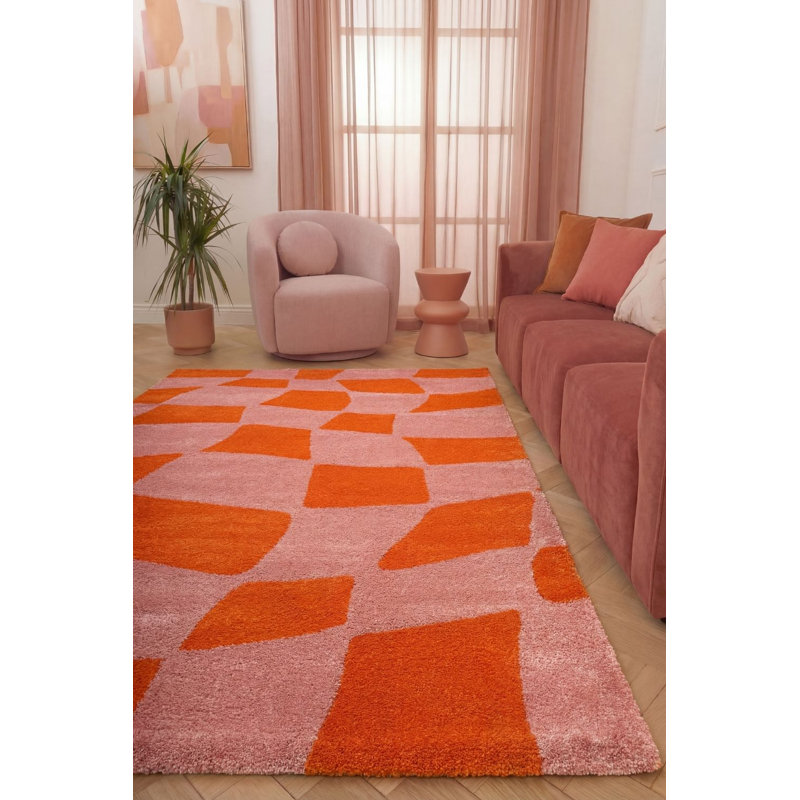 Joli Chequered Area Rug Soft Dense Pile for Living Rooms and Bedrooms, Rectangle 200 x 290 cm, Orange/Pink