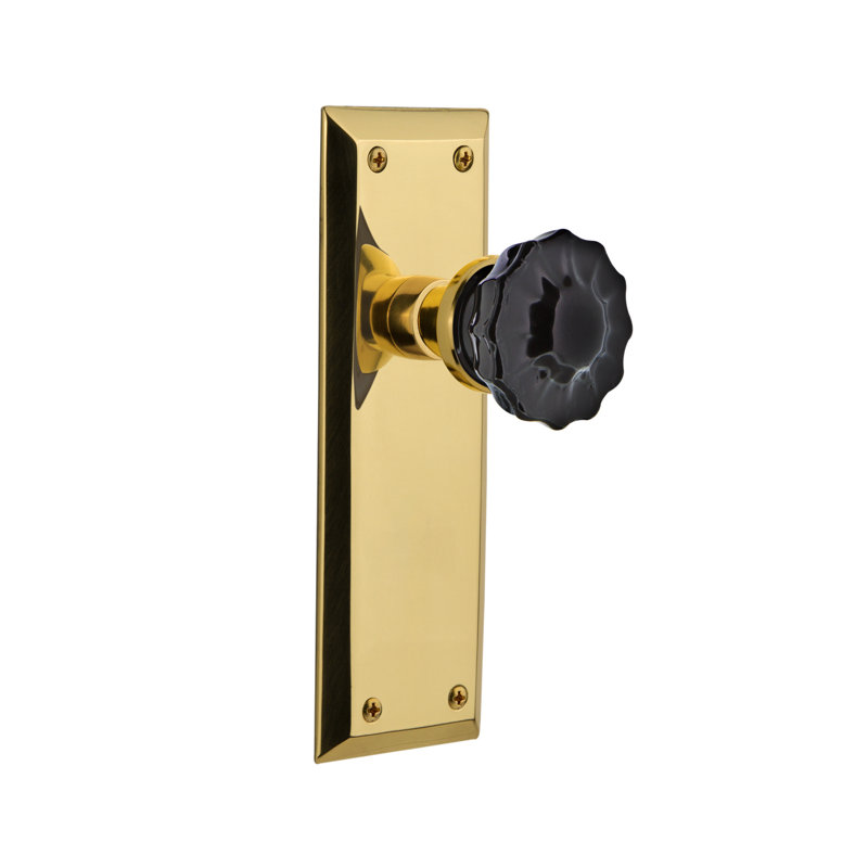 New York Plate with Crystal Black Door Knob, Polished Brass