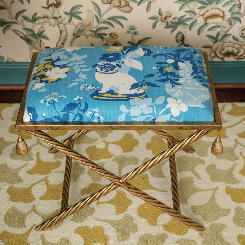 Blue and White Cotton Upholstered Steel Accent Stool