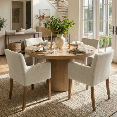 4 - Person Dining Table Sets With Solid Wood Round Table & 4 Linen Upholstered Armchairs