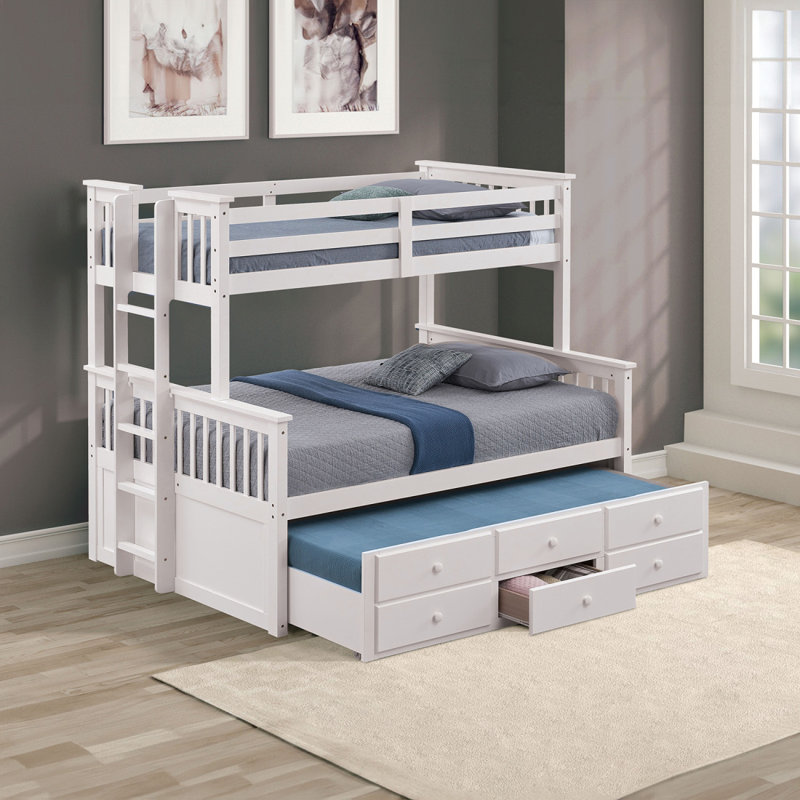 Lit simple superposé au dessus d'un lit double transitionnel avec échelle et tiroirs sous le lit, blanc, Blanc