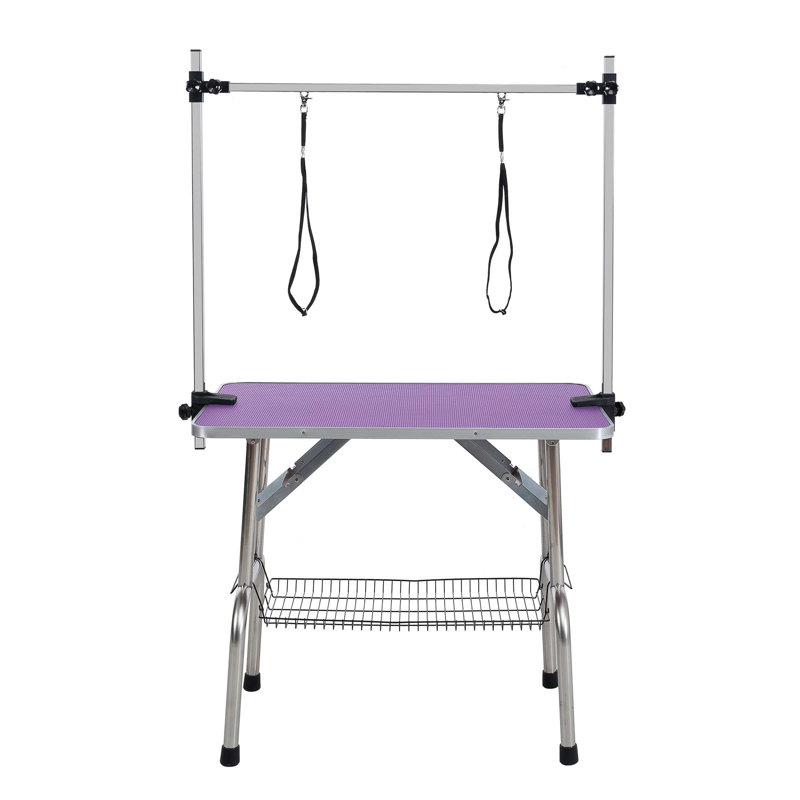 Folding Dog Pet Grooming Table Stainless Steel Frame Rubber Mat On Board With Adjustable Arm, Purple, 30" H x 24" W x 36" D